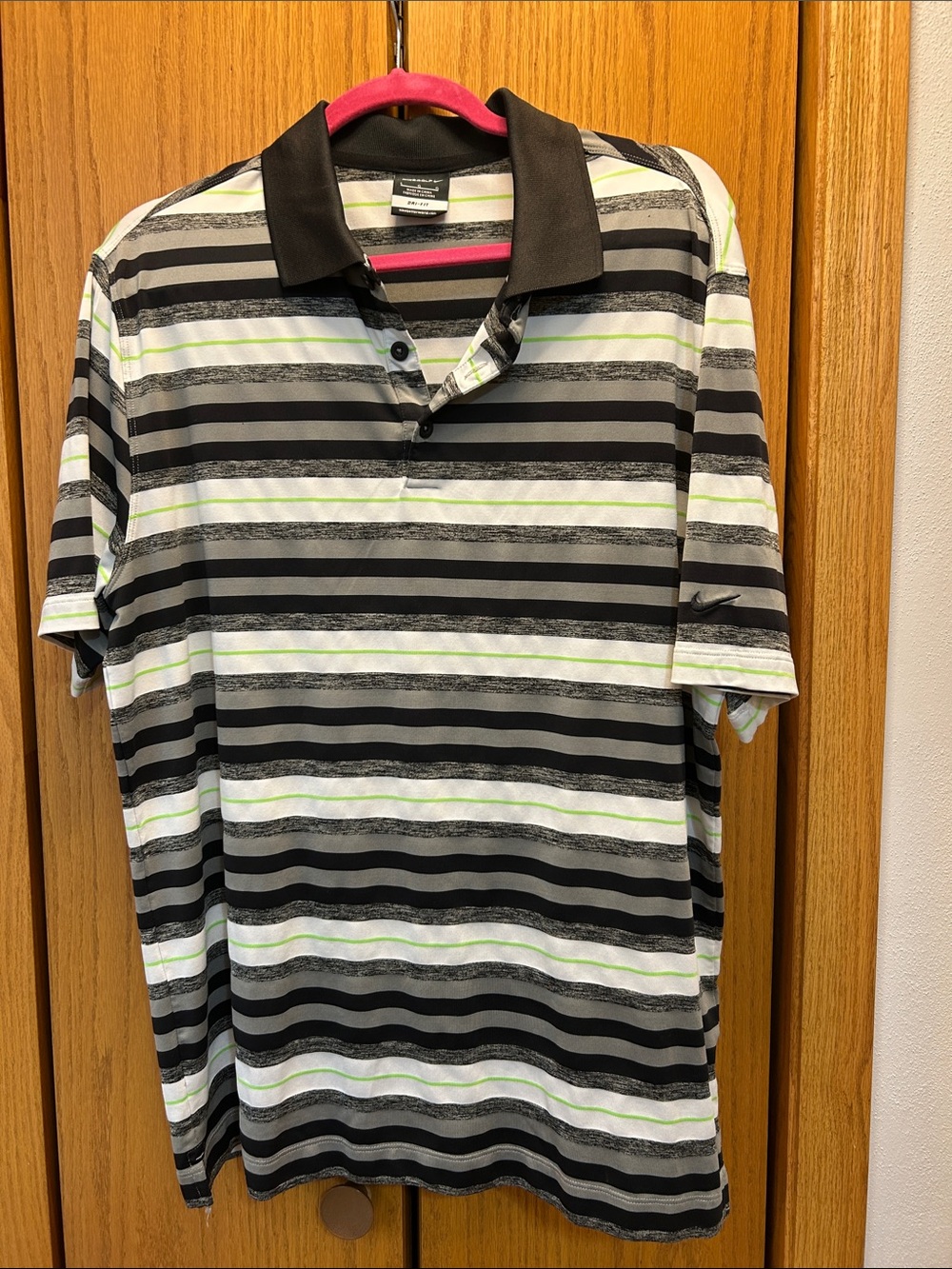 Nike Golf dri-fit Black, White & Light Green Striped Polo Shirt. Mens large.